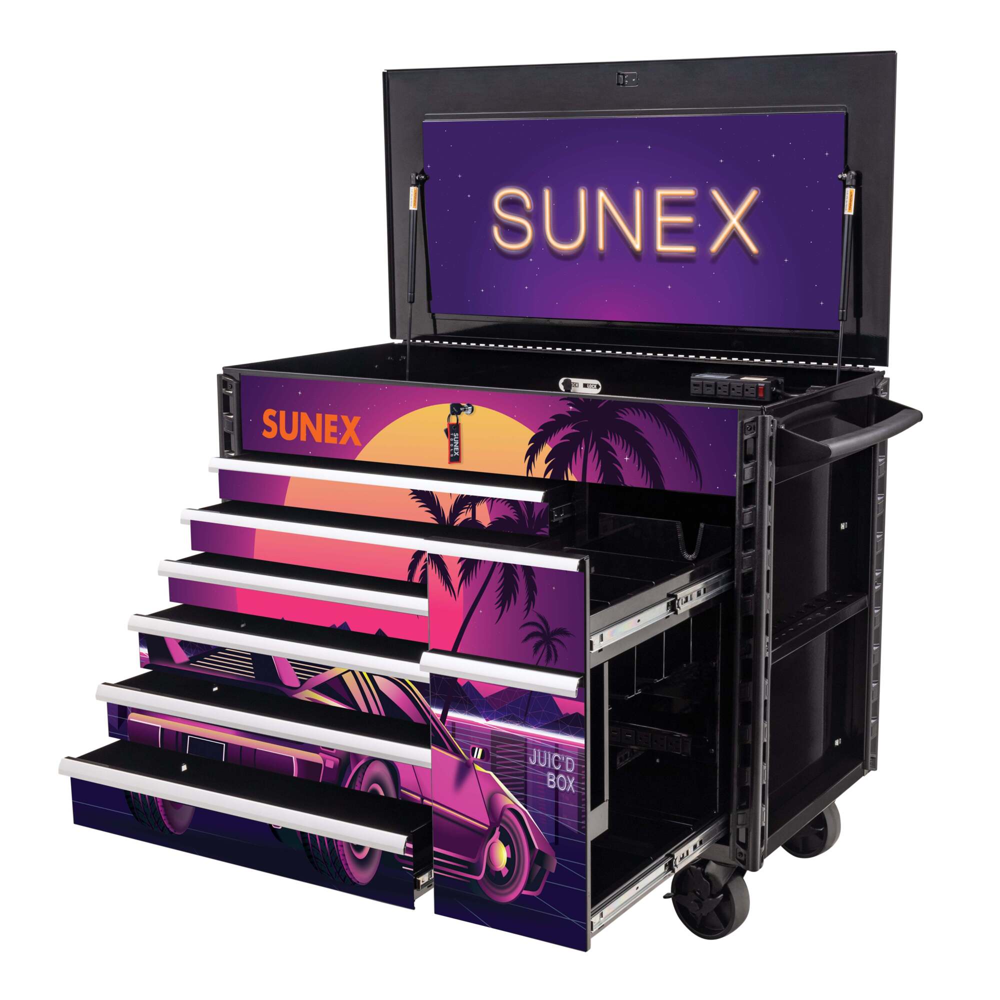 Sunex Tools Retro Juic'd Box Powered Cart — 50in., 7 Drawers, 700-Lb. Capacity, 16-Ga. Steel, Model# 8065PCBKRETRO